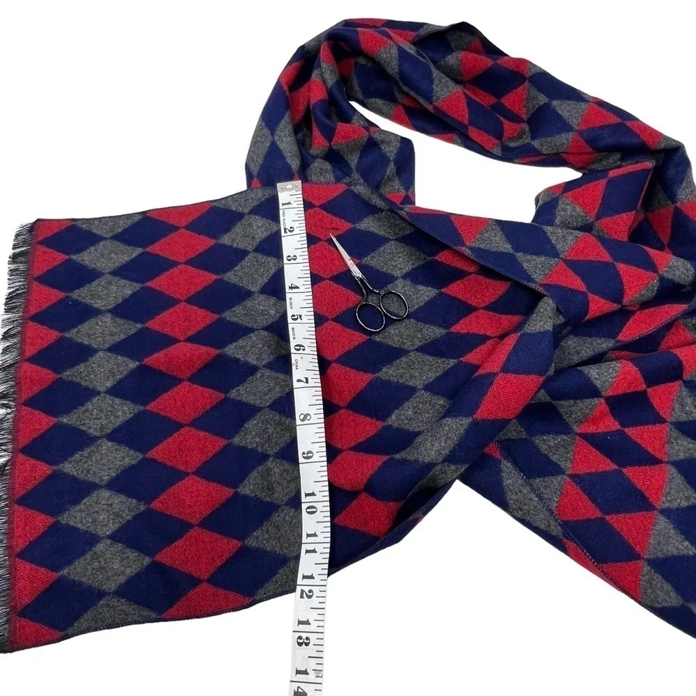 Men’s Red Blue Gray Diamond Print Cashmere Rectangle Long Scarf